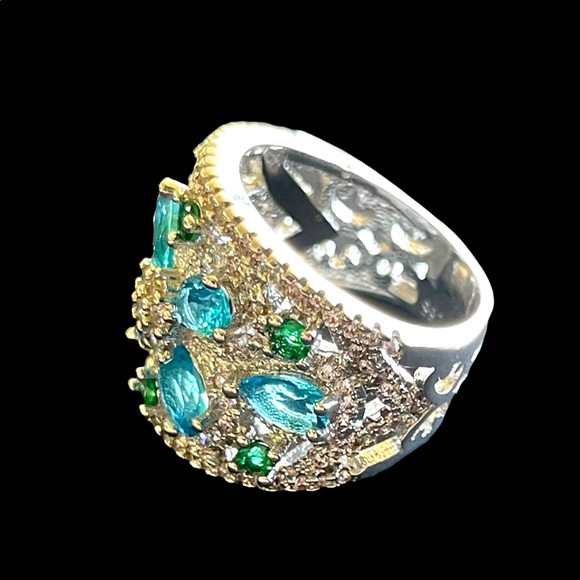 925 Silver Blue Green Zircon Statement Ring - Picture 8 of 8
